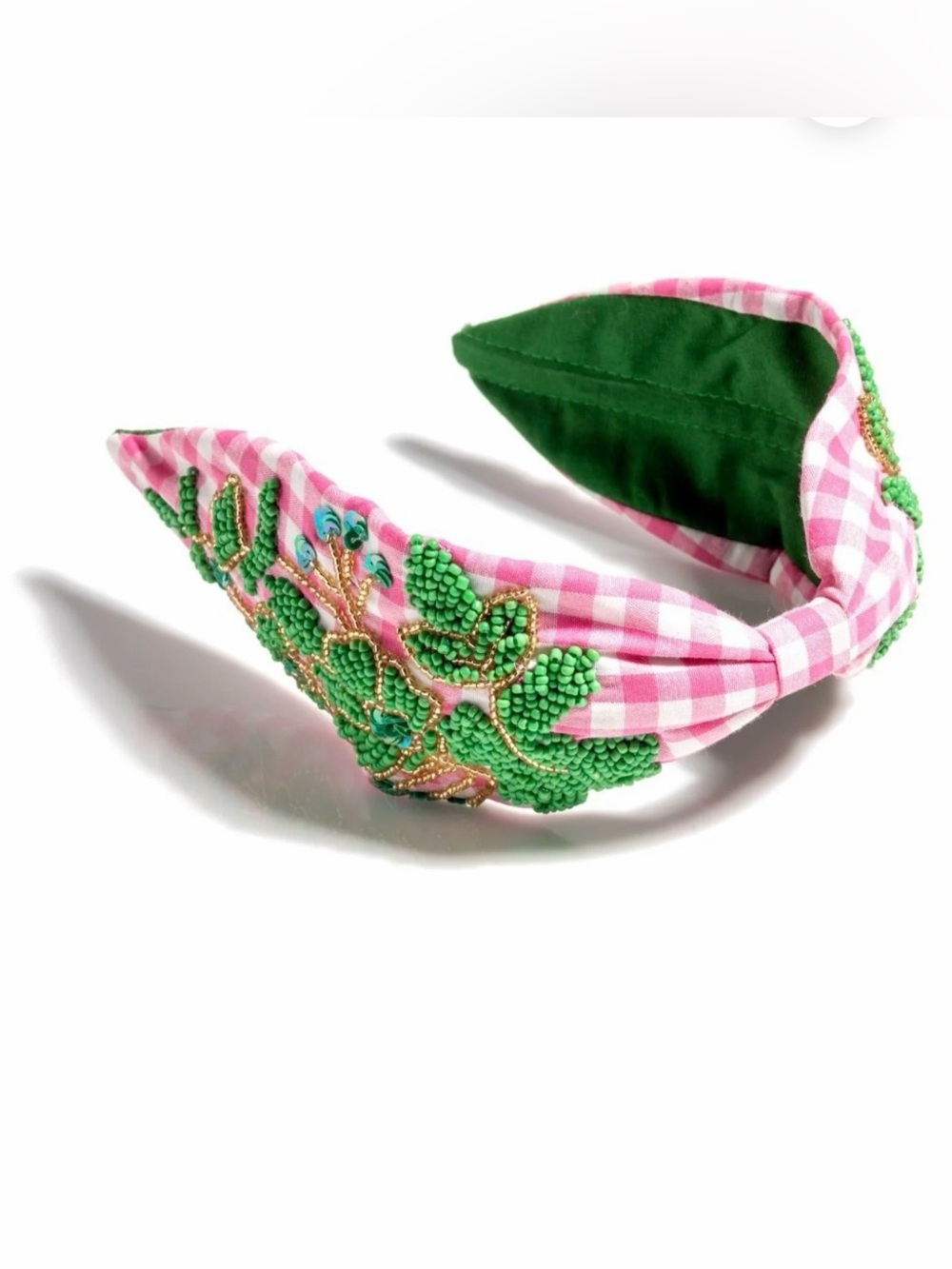 Pink Gingham Beaded Leaf Headband